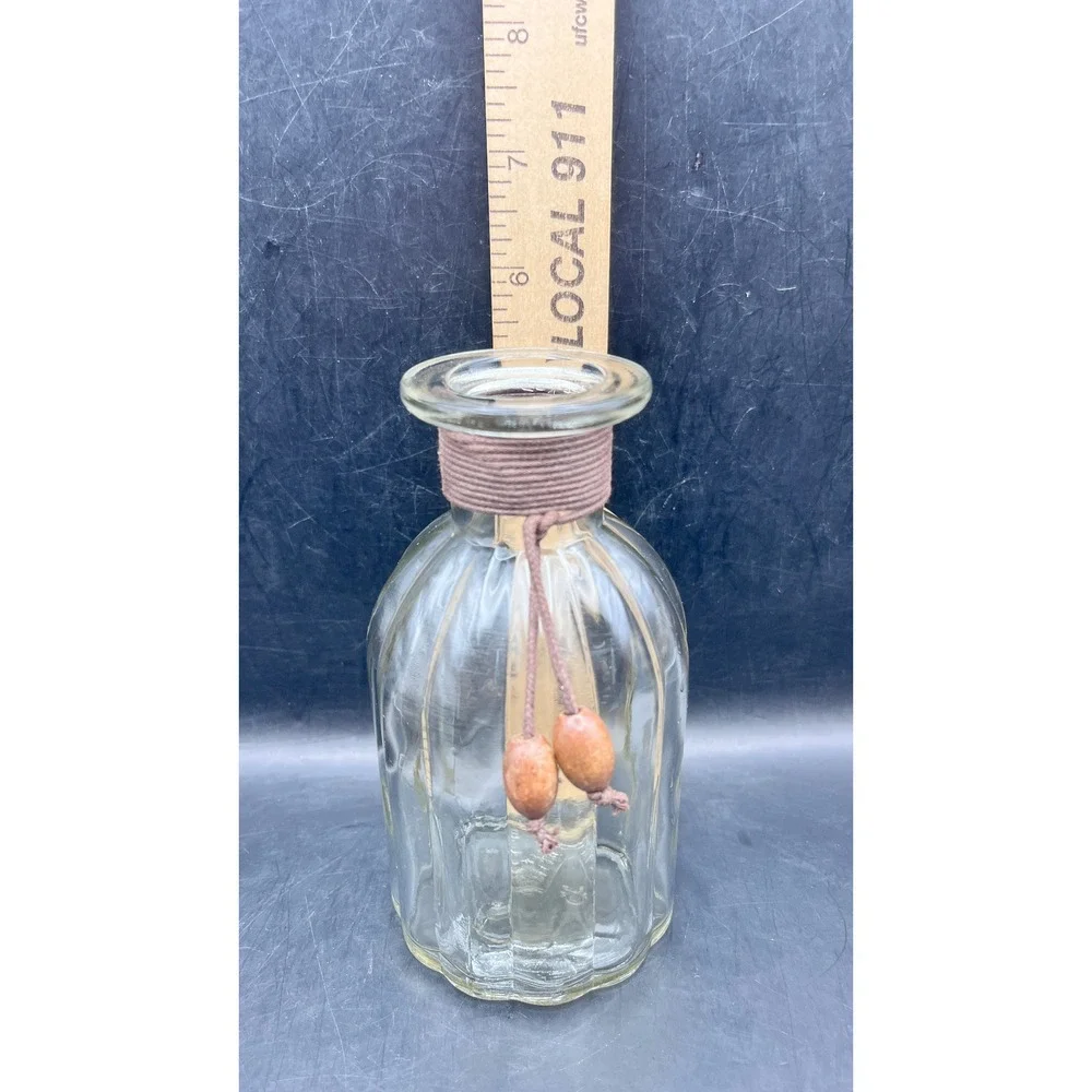 Pier 1 Imports Clear Ribbed Glass Apothecary Bottle Jute Wrapped Wood Beads 5.5